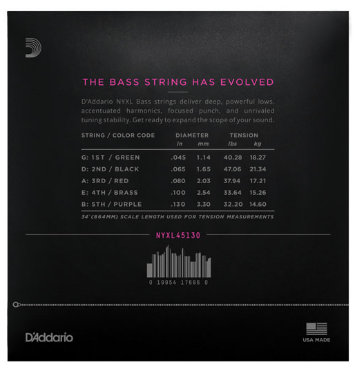 D'addario Strängar DADDARIO NYXL45130 Elbas NYXL Nickel Wound 045-130 (5-str) Custom Light tgt11